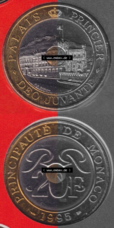 Münzen Monaco Umlaufmünze 1992-1997, 20 Francs 1995, Münzseiten Untereinander als Bildmaterial Sammlung