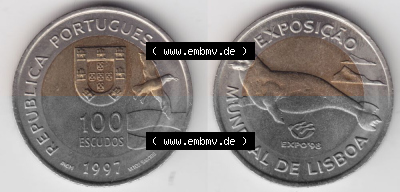 Münzen Portugal Gedenkmünze 1997-1997, 100 Escudo, EXPO98, Exposicao, Mundial de Lisaboa. Vorderseite und Rückseite auf einen... Sammlung