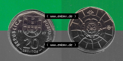 Münzen Portugal KMS Umlaufmünze 1987, 20 Escudos. Vorderseite und Rückseite auf einen Bild/Foto der portugiesischen Umlaufmünze... Sammlung