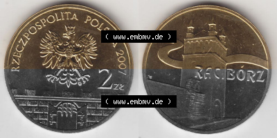 Münzen Polen Gedenkmünze 2007-2007, 2 Zloty, Historische Städte in Polen - Ratibor, Bild mit Vollansicht als Bildmaterial Sammlung