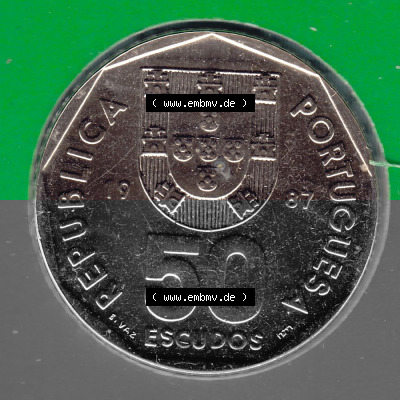 Münzen Portugal KMS Umlaufmünze 1987, 50 Escudos. Vorderseite der Escudo Umlaufmünze aus Portugal vor EInführung der Euromünzen... Sammlung