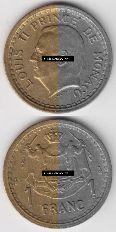Münzen Monaco Umlaufmünze 1945-1945, 1 Fr, Franc, Franken, Louis II Prince de Monaco, Münzseiten Untereinander als Bildmaterial Sammlung