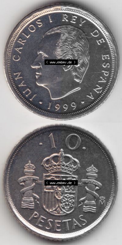 Münzen Spanien Umlaufmünze 1998-2000, 10 Pesetas, Peseten 1999, Münze aus Spanien -.-.- für Mobile-Geräte als Bildmaterial... Sammlung