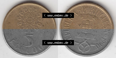 Münzen Portugal Umlaufmünze 1986-2001, 5 Escudos 1990. Vorderseite und Rückseite auf einen Bild/Foto der portugiesischen Umlaufmünze... Sammlung