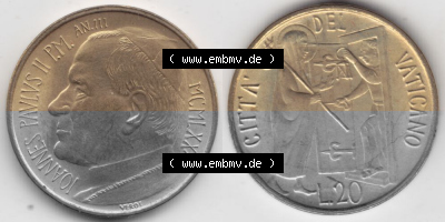 Münzen Vatikan / Vatikanstadt Umlaufmünze 1981-1981, 20 Lire Papst Johannes Paul II, Bild mit Vollansicht als Bildmaterial.... Sammlung