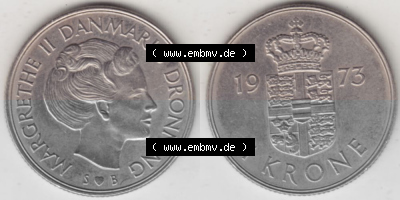 Münzen Dänemark Umlaufmünze 1973-1989, 1 Krone 1973, Königin Margrethe II., Bild mit Vollansicht zum Download Sammlung