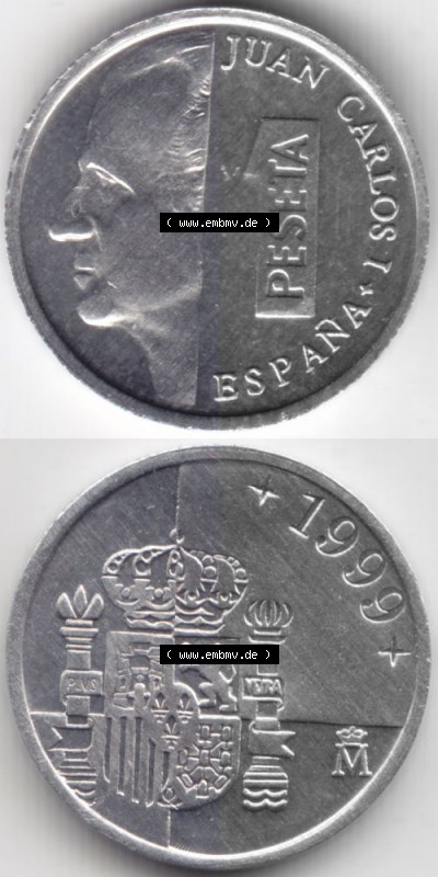 Münzen Spanien Umlaufmünze 1989-2001, 1 Peseta, Pesete 1999, Münze aus Spanien -.-.-Bildmaterial des Münzbildes Sammlung