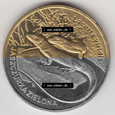 Münzen Polen Gedenkmünze 2009-2009, 2 Zloty, Europäische Grüne Eidechse, Bild mit Rückseite der Münze als Bildmaterial Sammlung