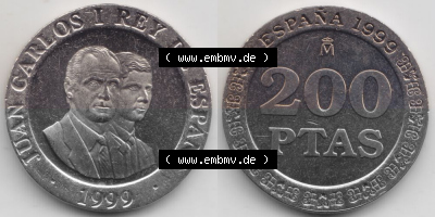 Münzen Spanien Umlaufmünze 1998-2000, 200 PTAS, Peseten 1999, Bild mit Vollansicht als Bildmaterial Sammlung