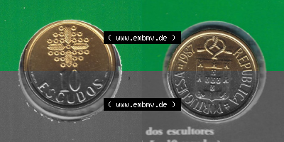 Münzen Portugal KMS Umlaufmünze 1987, 10 Escudo ii. Vorderseite und Rückseite auf einen Bild/Foto der portugiesischen Umlaufmünze... Sammlung