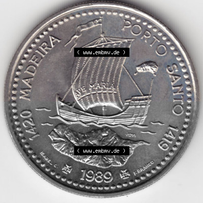 Münzen Portugal Gedenkmünze 1989-1989, 100 Escudos 1420 Madeira Porto Santo 1419. Rückseite der portugiesischen Gedenkmünze... Sammlung