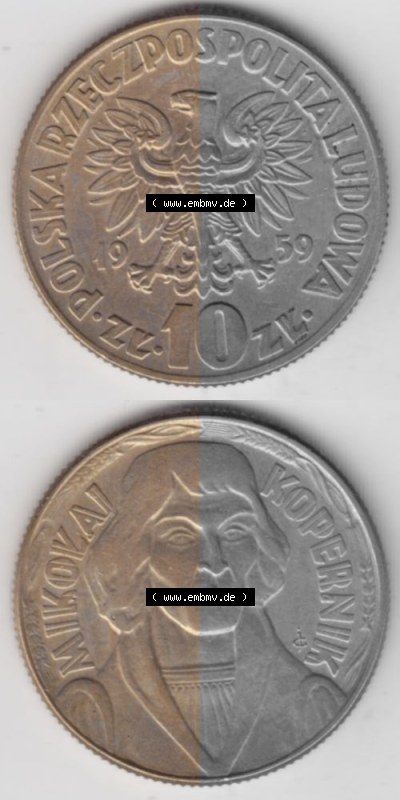 Münzen Polen Gedenkmünze 1959-1965, 10 Zloty Nikolaus Kopernikus 1959, Münzseiten Untereinander als Bildmaterial Sammlung