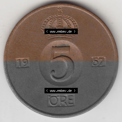 Münzen Schweden Umlaufmünze 1952-1971, 5 Öre 1957, Bild mit Rückseite der Münze als Bildmaterial Sammlung