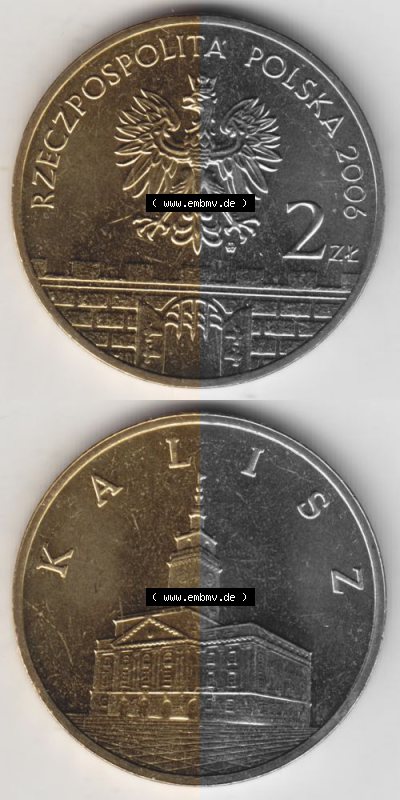Münzen Polen Gedenkmünze 2006-2006, 2 Zloty, Historische Städte Polens - Kalisz, Münzseiten Untereinander als Bildmaterial Sammlung