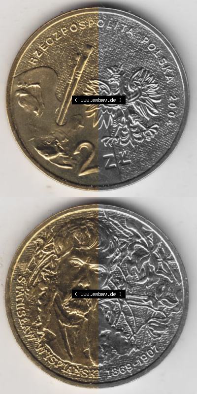 Münzen Polen Gedenkmünze 2004-2004, 2 Zloty, Polnische Maler - Stanislaw Wyspianski, Münzseiten Untereinander als Bildmaterial Sammlung
