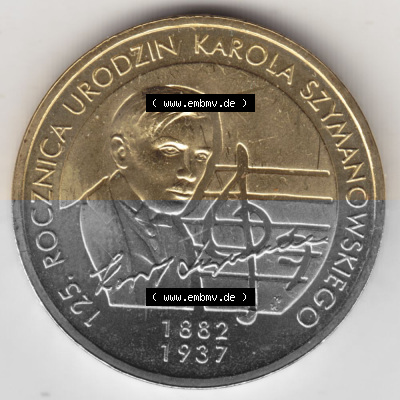 Münzen Polen Gedenkmünze 2007-2007, 2 Zloty, 125. Geburtstag von Karol Szymanowski, Bild mit Rückseite der Münze als Bildmaterial Sammlung