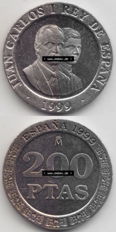 Münzen Spanien Umlaufmünze 1998-2000, 200 PTAS, Peseten 1999, Münze aus Spanien -.-.- für Mobile-Geräte als Bildmaterial... Sammlung