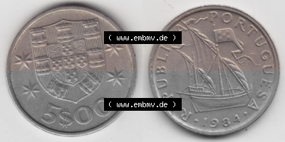 Münzen Portugal Umlaufmünze 1963-1986, 5 Escudos 1984. Vorderseite und Rückseite auf einen Bild/Foto der portugiesischen Umlaufmünze... Sammlung