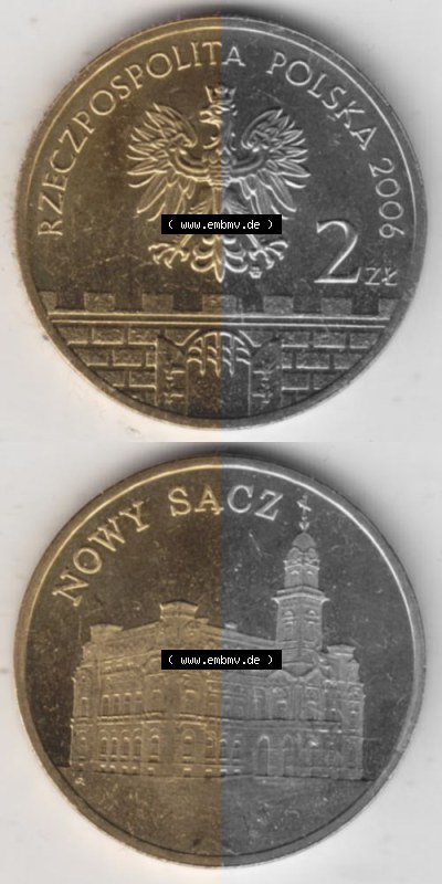 Münzen Polen Gedenkmünze 2006-2006, 2 Zloty, Historische Städte Polens - Nowy Sącz, Münzseiten Untereinander als Bildmaterial Sammlung