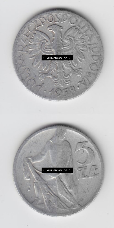 Münzen Polen Umlaufmünze 1958-1974, 5 Zlotych 1958, Münzseiten Untereinander als Bildmaterial Sammlung