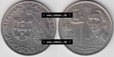 Münzen Portugal Gedenkmünze 1992-1992, 200 Escudos, America 1492-1992, Novomundo, Xpo Perens. Vorderseite und Rückseite auf... Sammlung