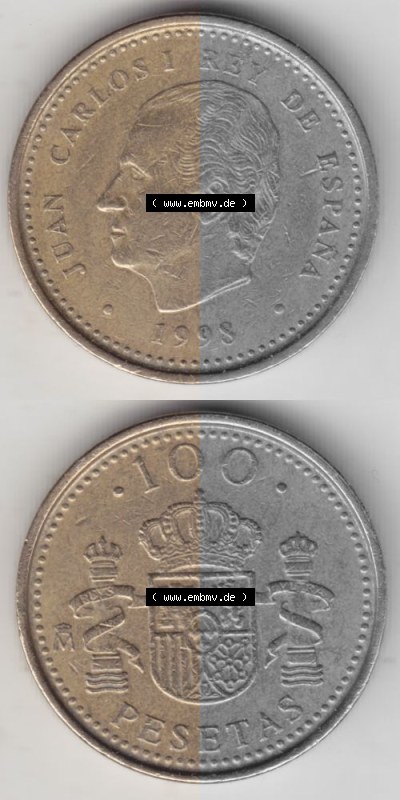 Münzen Spanien Umlaufmünze 1998-2000, 100 Pesetas - Peseten 1998, Münze aus Spanien -.-.- für Mobile-Geräte als Bildmaterial... Sammlung