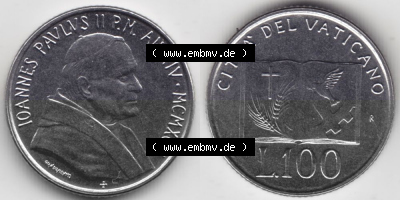 Münzen Vatikan / Vatikanstadt Umlaufmünze 1992-1992, 100 Lire Papst Giovanni Paolo II, Bild mit Vollansicht als Bildmaterial.... Sammlung