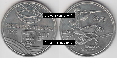 Münzen Portugal Gedenkmünze 1993-1993, 200 Escudos Espingarda 1543-1575. Vorderseite und Rückseite auf einen Bild/Foto der... Sammlung