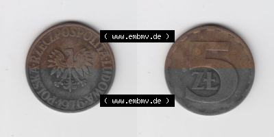 Münzen Polen Umlaufmünze 1975-1985, 5 Zlotych 1976, Bild mit Vollansicht als Bildmaterial Sammlung