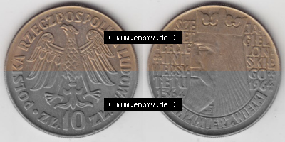 Münzen Polen Gedenkmünze 1964-1964, 10 Zloty 600. Jahrestag der Jagiellone Universität, Bild mit Vollansicht als Bildmaterial Sammlung