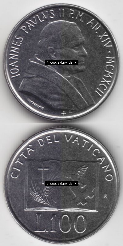 Münzen Vatikan / Vatikanstadt Umlaufmünze 1992-1992, 100 Lire Papst Giovanni Paolo II, Münzseiten Untereinander als Bildmaterial.... Sammlung