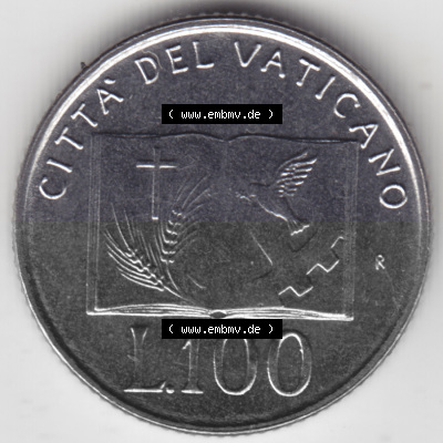Münzen Vatikan / Vatikanstadt Umlaufmünze 1992-1992, 100 Lire Papst Giovanni Paolo II, Bild mit Rückseite der Münze als Bildmaterial.... Sammlung