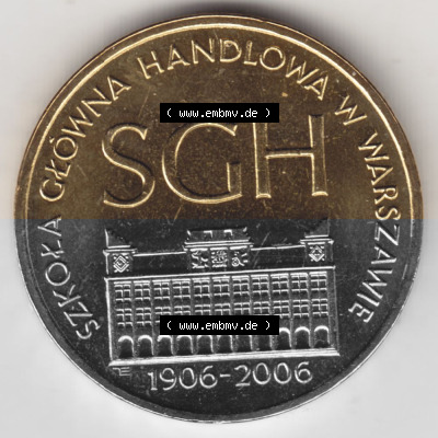 Münzen Polen Gedenkmünze 2006-2006, 2 Zloty, 100 Jahre Warschauer Hochschule für Wirtschaft, Bild mit Rückseite der Münze... Sammlung