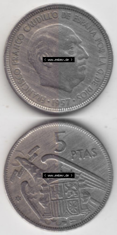 Münzen Spanien Umlaufmünze 1957-1957, 5 Peseten 19xx, Münze aus Spanien, Umlaufmünze / aus Zahlungsverkehr mit Münzseiten... Sammlung