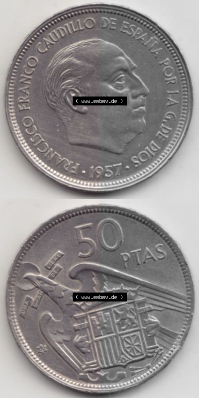 Münzen Spanien Umlaufmünze 1957-1957, 50 Peseten 1960, Münze aus Spanien, Umlaufmünze / aus Zahlungsverkehr mit Münzseiten... Sammlung