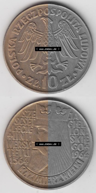 Münzen Polen Gedenkmünze 1964-1964, 10 Zloty 600. Jahrestag der Jagiellone Universität, Münzseiten Untereinander als Bildmaterial Sammlung