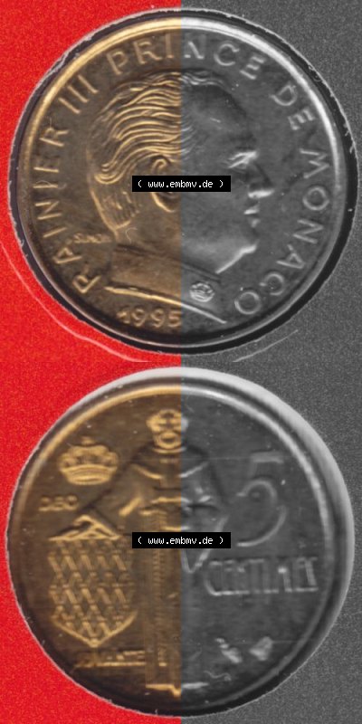 Münzen Monaco Umlaufmünze 1976-1995, 5 Centimes 1995, Münzseiten Untereinander als Bildmaterial Sammlung