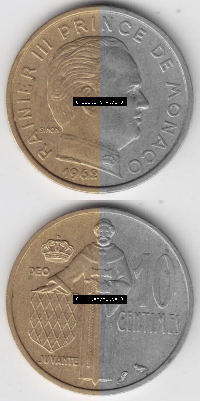 Münzen Monaco Umlaufmünze 1962-1995, 10 Centimes 1962, Münzseiten Untereinander als Bildmaterial Sammlung