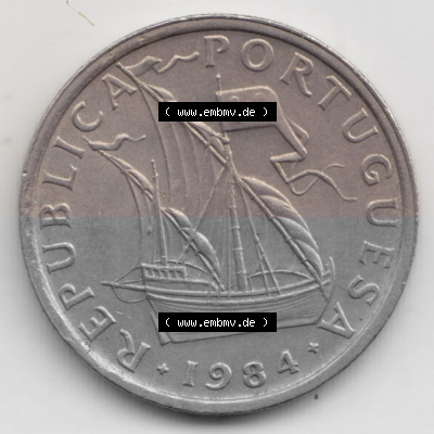 Münzen Portugal Umlaufmünze 1963-1986, 5 Escudos 1984. Rückseite der portugiesischen Umlaufmünze aus Portugal vor der Euro-Einführung... Sammlung