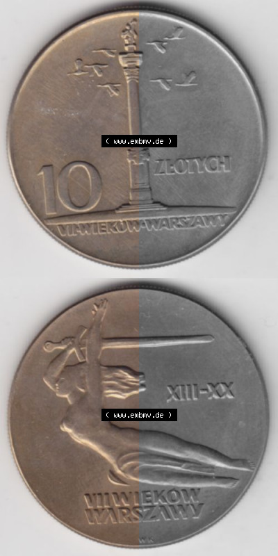 Münzen Polen Gedenkmünze 1965-1965, 10 Zloty 700 Jahre Warschau, Sigismundssäule, Münzseiten Untereinander als Bildmaterial Sammlung