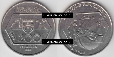 Münzen Portugal Gedenkmünze 1992-1992 200 Escudo, Navegagoes Para Ocidente 1452-1486. Vorderseite und Rückseite auf einen Bild/Foto... Sammlung