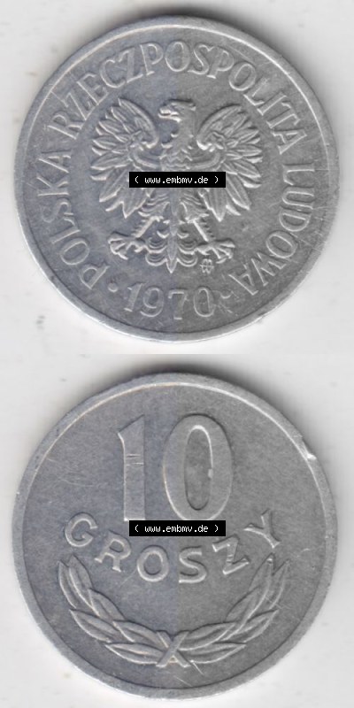 Münzen Polen Umlaufmünze 1961-1985, 10 Groszy 1970, Münzseiten Untereinander als Bildmaterial Sammlung