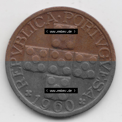 Münzen Portugal Umlaufmünze 1942-1969, 20 Centavos 1960. Rückseite der portugiesischen Umlaufmünze aus Portugal vor der Euro-Einführung... Sammlung