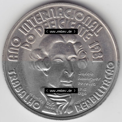 Münzen Portugal Gedenkmünze 1981-1981, 100 Escudoas, Ano Internacional, do Deficiente 1981. Rückseite der portugiesischen Gedenkmünze... Sammlung