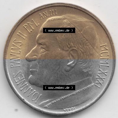 Münzen Vatikan / Vatikanstadt Umlaufmünze 1981-1981, 20 Lire Papst Johannes Paul II, Bild mit Vorderseite der Münze als Bildmaterial.... Sammlung