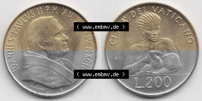 Münzen Vatikan / Vatikanstadt Umlaufmünze 1992-1992, 200 Lire Papst Giovanni Paolo II, Bild mit Vollansicht als Bildmaterial.... Sammlung