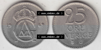 Münzen Schweden Umlaufmünze 1962-1973, 25 Öre 1969. Münzen aus Schweden als Bildmaterial für Sammler und Münzen-Webseiten... Sammlung