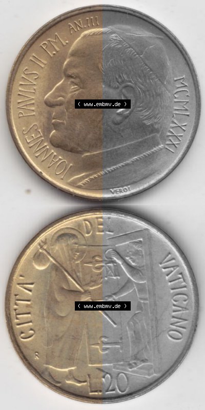 Münzen Vatikan / Vatikanstadt Umlaufmünze 1981-1981, 20 Lire Papst Johannes Paul II, Münzseiten Untereinander als Bildmaterial.... Sammlung