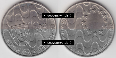 Münzen Portugal Gedenkmünze 1992-1992, 200 Escudos, Presidencia da Comunidade Europeia. Vorderseite und Rückseite auf einen... Sammlung