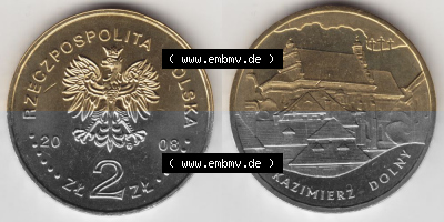 Münzen Polen Gedenkmünze 2008-2008, 2 Zloty, Kulturdenkmäler Polens - Kazimierz Dolny, Bild mit Vollansicht als Bildmaterial Sammlung